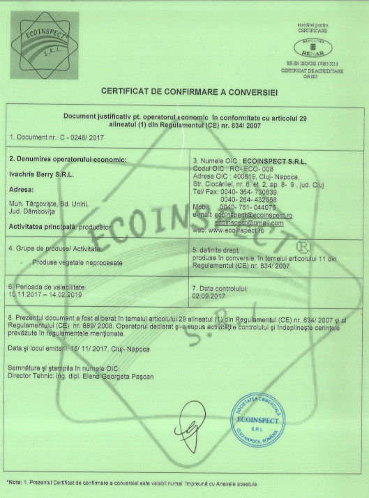 Ivachris Berry Certificat conformitate Afine cultura ecologica pe anul 2017